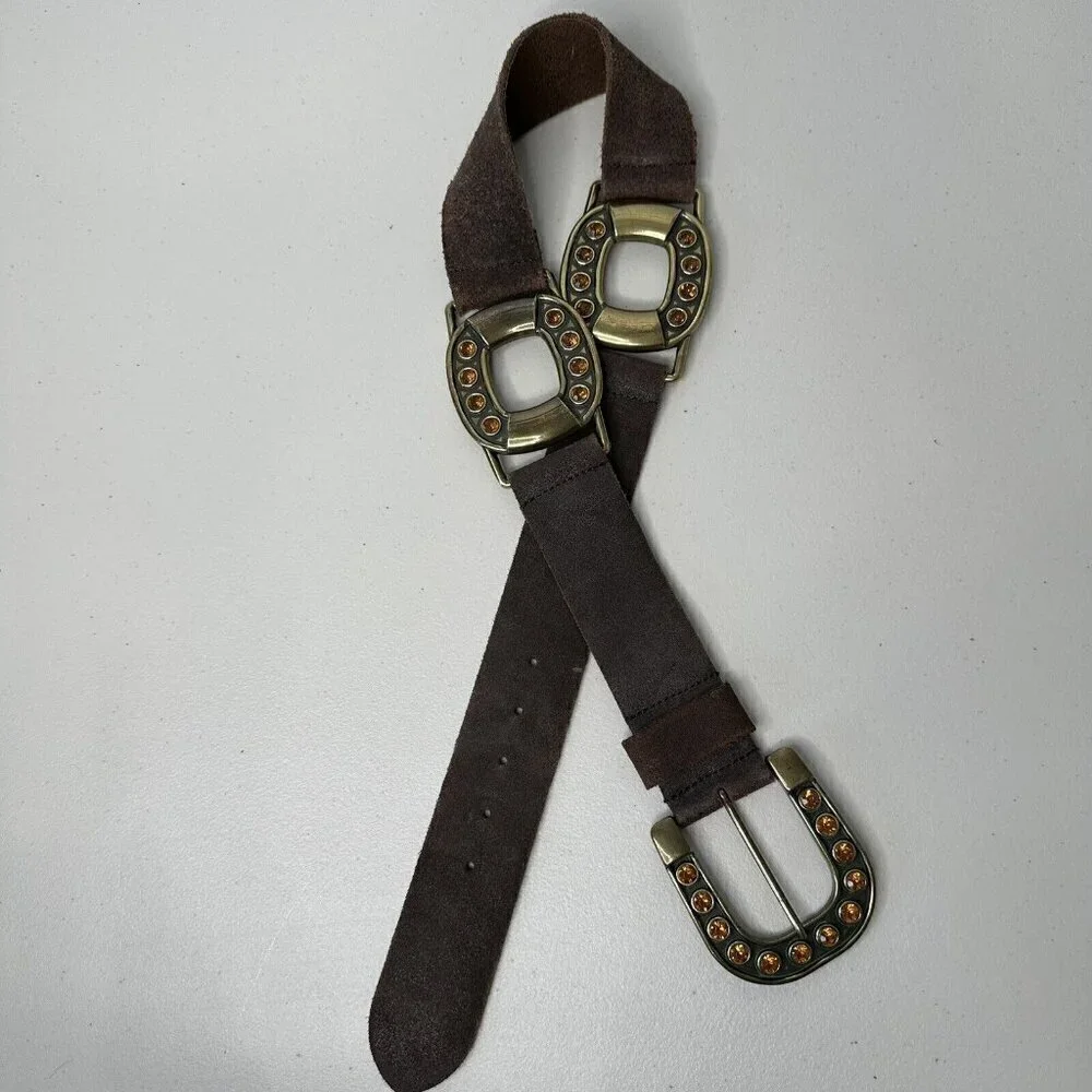 Steve Madden Belt Brown Suede Leather Brass Buckle‎ Rhinestone Size M